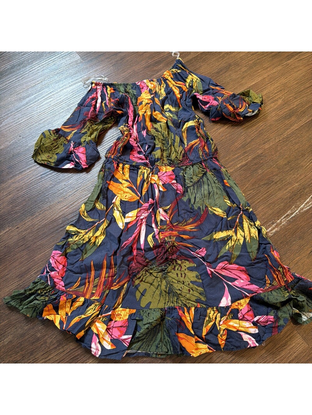 🌺 New Look Women’s Size S Tropical Floral Off Shoulder Midi Dress Ruffle Hem